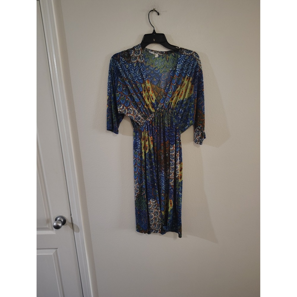 5th & Love Peacock Paisley Print V-Neck Empire Waist Midi Dress Blue Green Large